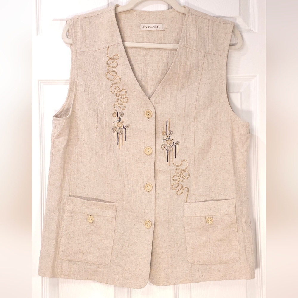 Vintage Beige Embroidered Vest Linen Blend US10 - Picture 2 of 8
